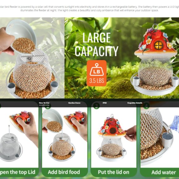 Large Solar Cell/ Metal Mesh/ Mushroom-Shaped Rasin Bird Feeder for Outdoors - Picture 9 of 12